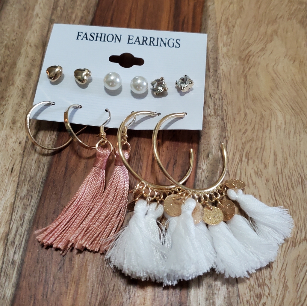 Boho Gold Earring Set 6 Pairs Dusty Pink Cream Tassel Dangle Hoop Stud Mix 10$